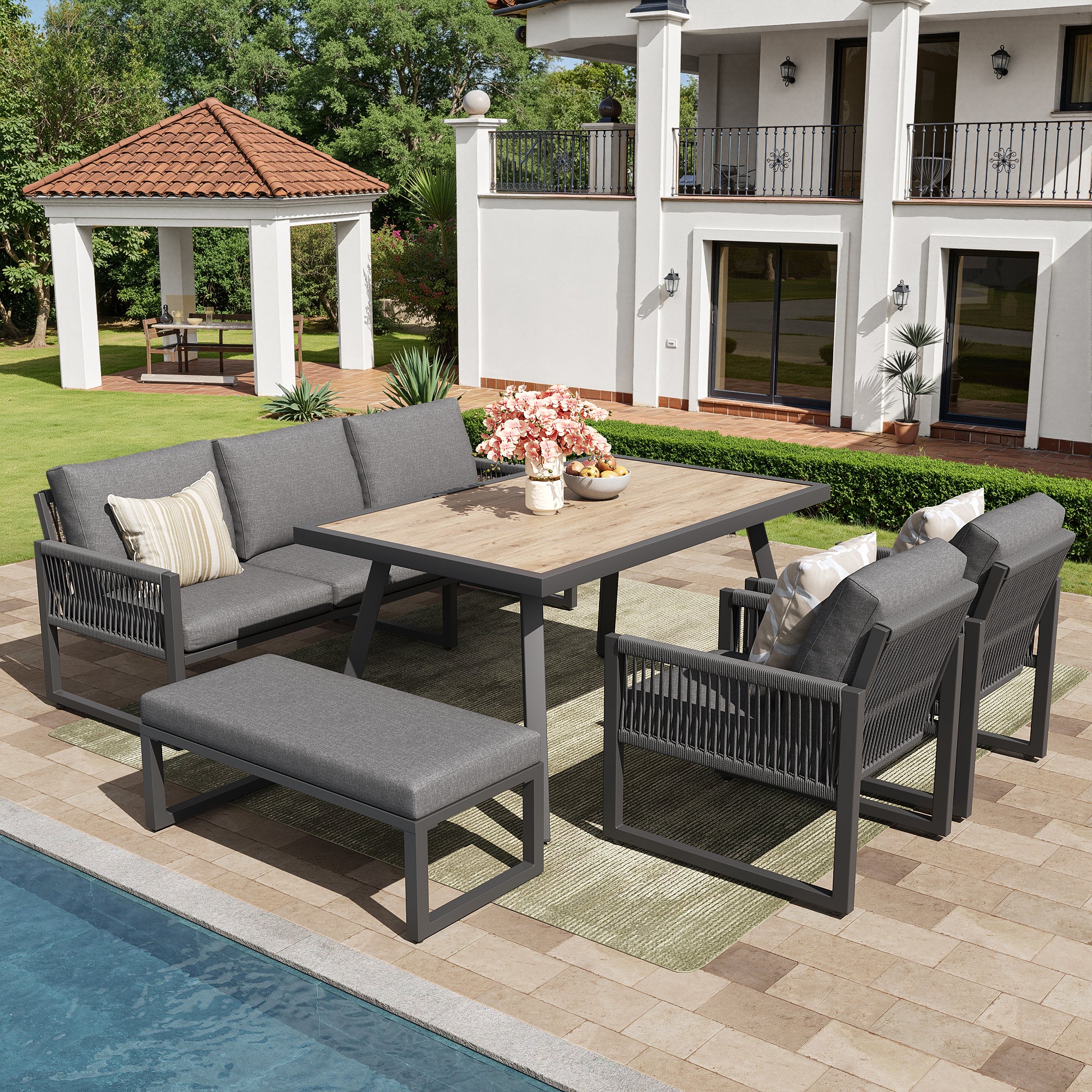 Salon de jardin en métal 6 places : 1 canapés 3 places + 2 fauteuils + 1 banc + table 100 x 60 x 71 cm - Gris - 2