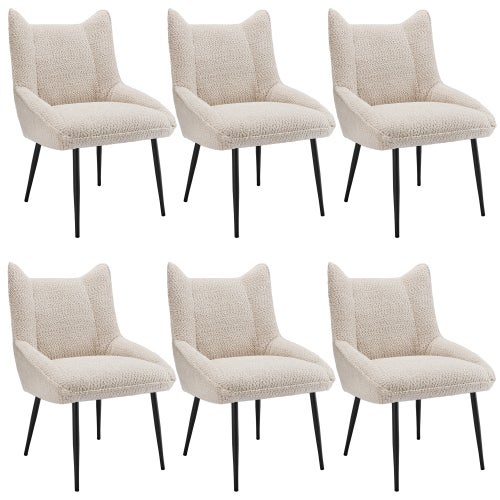 Set Di 6 Sedie Da Pranzo In Tessuto Teddy Morbido | Schienale Curvo E Gambe In Metallo - Design Vintage Nero, Sedute Imbottite