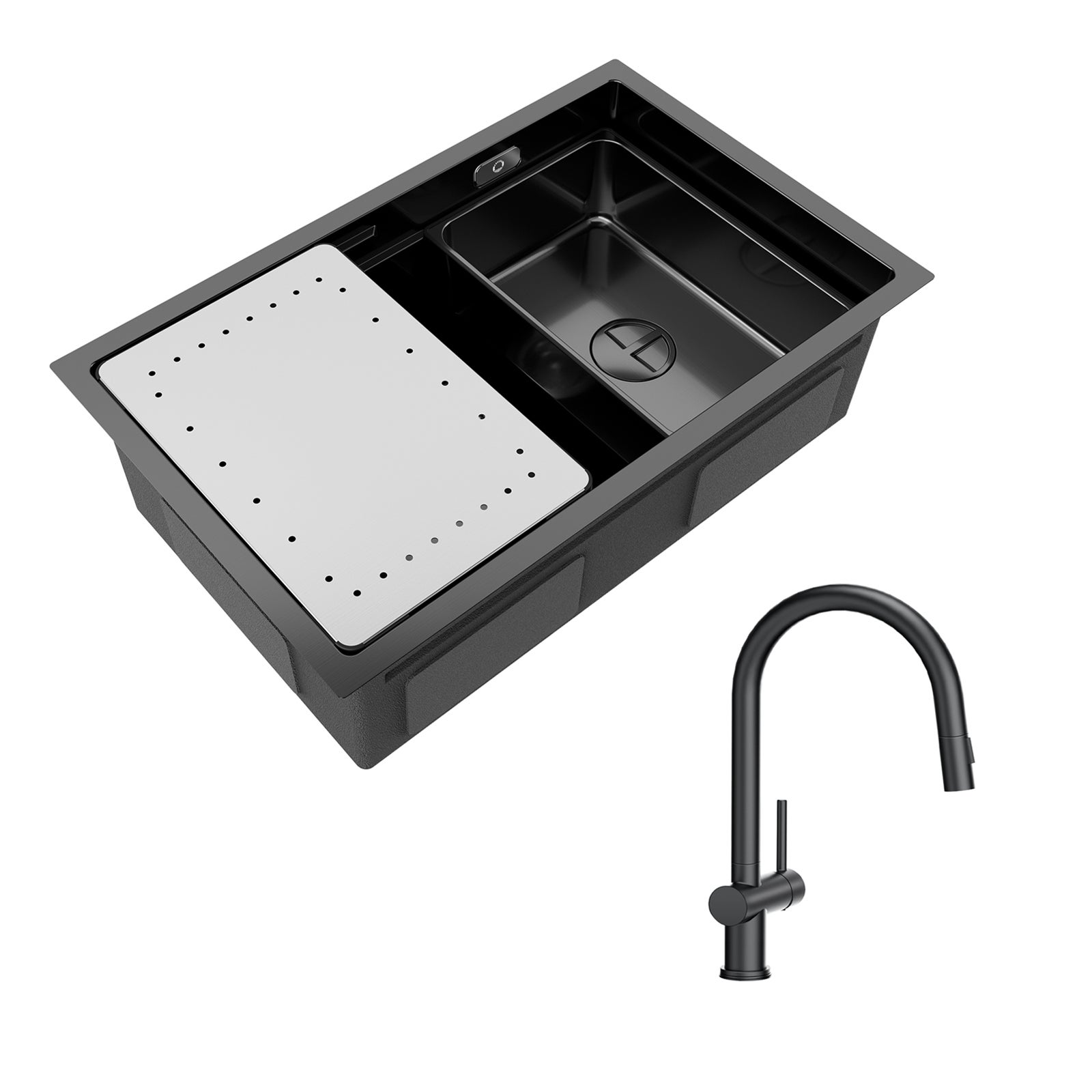 Lavello Da Cucina 80x50 Cm - Nero, Con Rubinetto Cascata, Idropulitrice E Tagliere - Foto 7