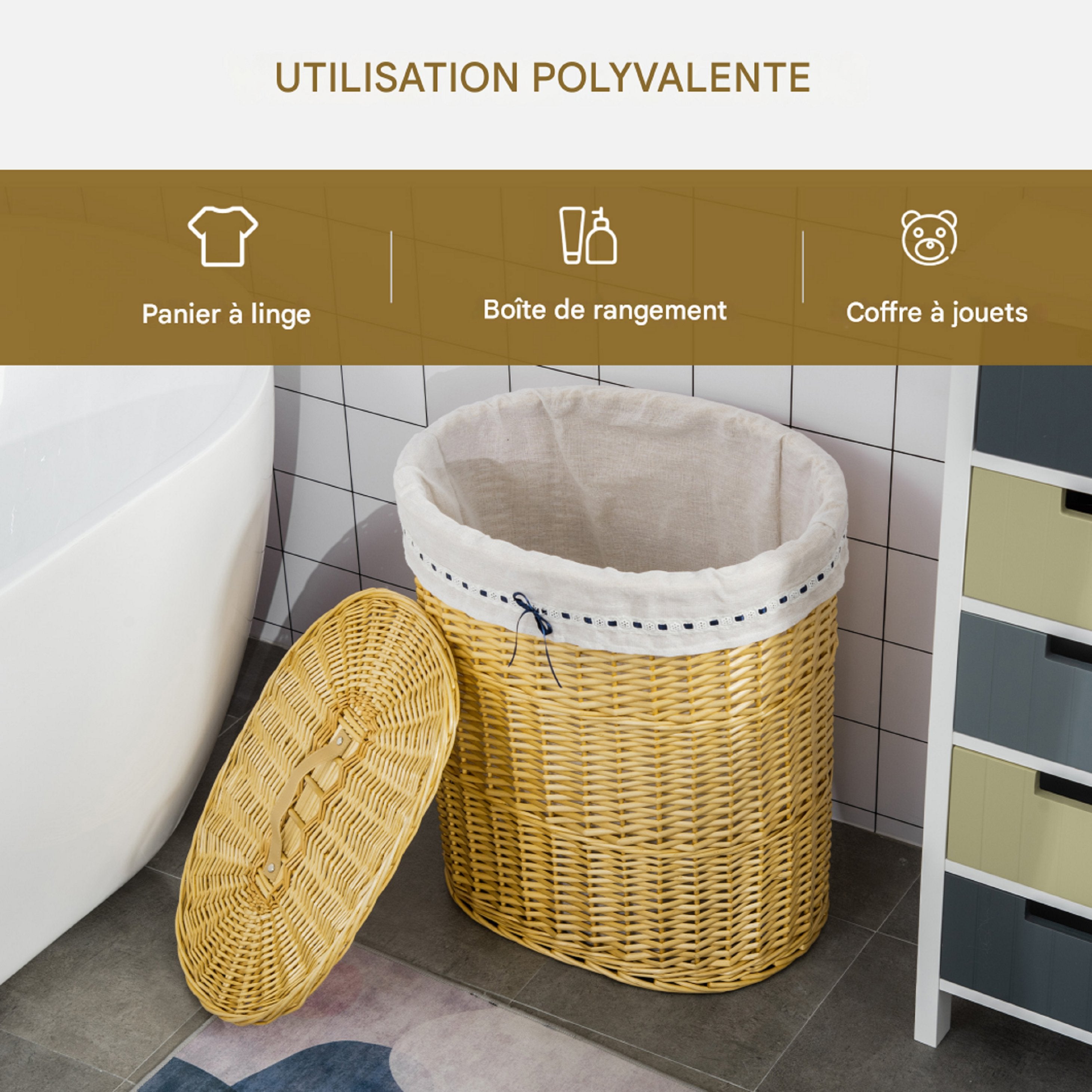 Panier à linge HOMCOM en osier avec couvercle, 100 L, 51 x 38 x 57 cm, boîte à linge naturelle pour chambre et salle de bain - 6