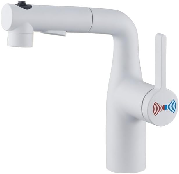 Bateria łazienkowa z wyciąganą wylewką, bateria umywalkowa z jednym otworem i obrotem 360°, biała