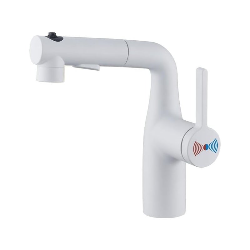 Bateria łazienkowa z wyciąganą wylewką, bateria umywalkowa z jednym otworem i obrotem 360°, biała