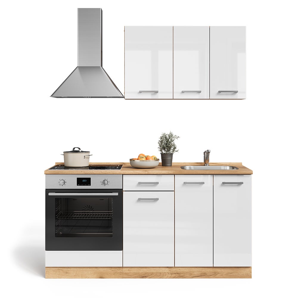 Vicco Cucina completa R-Line, Bianco lucido/oro power oak, 160 cm con colonna forno senza piano di lavoro - 5