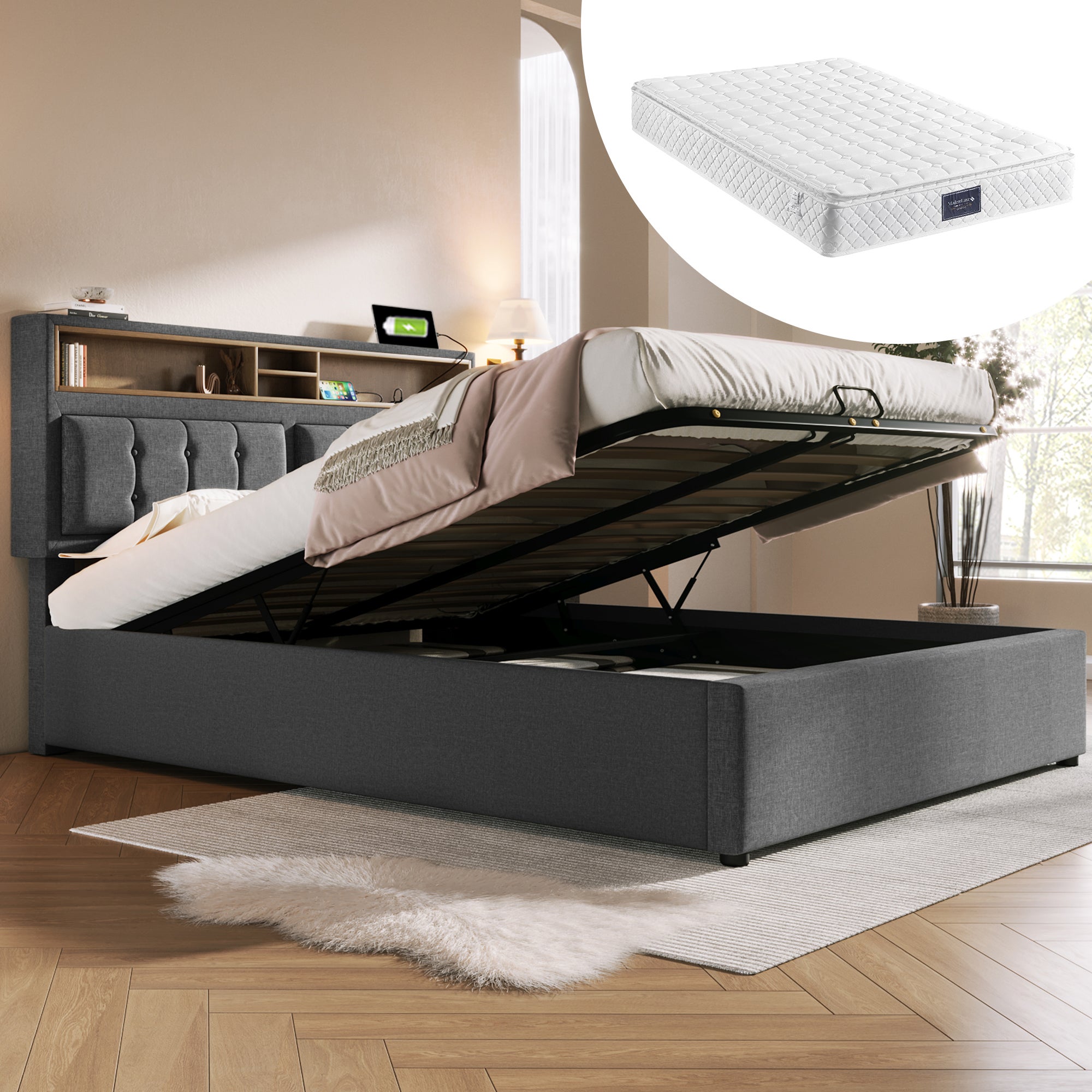 Polsterbett Doppelbett 160x200 z USB C, Ladownicą, Stauraum, Lattenrost - Hellbeige/Grau