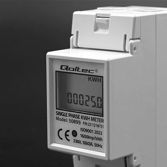 Medidor eletrônico de consumo de energia monofásico Qoltec 50899 | 230V | LCD | 2P | Trilho DIN - 5