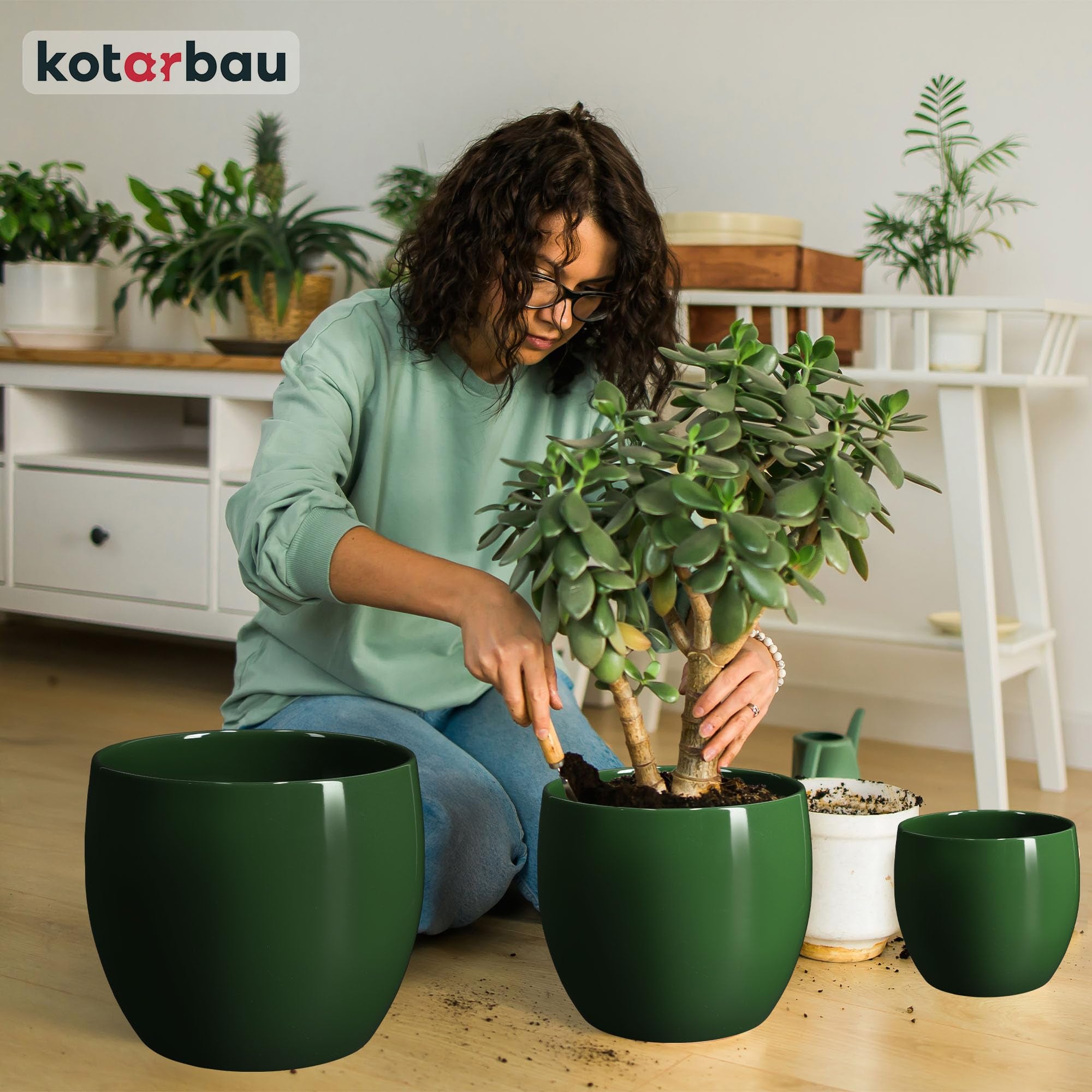 Zestaw 2x doniczka zielona donica okrągła ceramiczna szkliwiona kwiaty 12,5 - KOTARBAU - 7