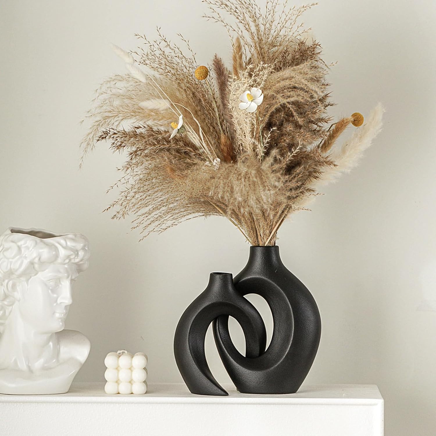 Ensemble de 2 vases en céramique, style bohème moderne nordique, vases décoratifs esthétiques en céramique pour la décoration intérieure (noir) - 4