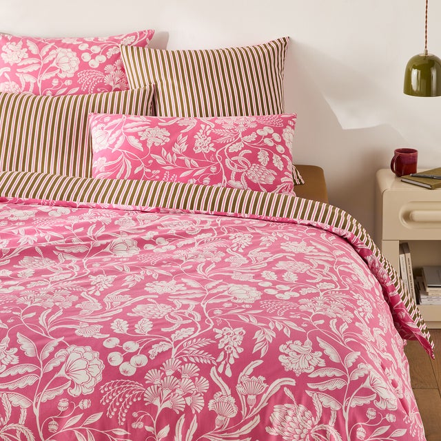 Housse de couette en coton, Linda - Imprimé fond rose - 240 x 220 cm