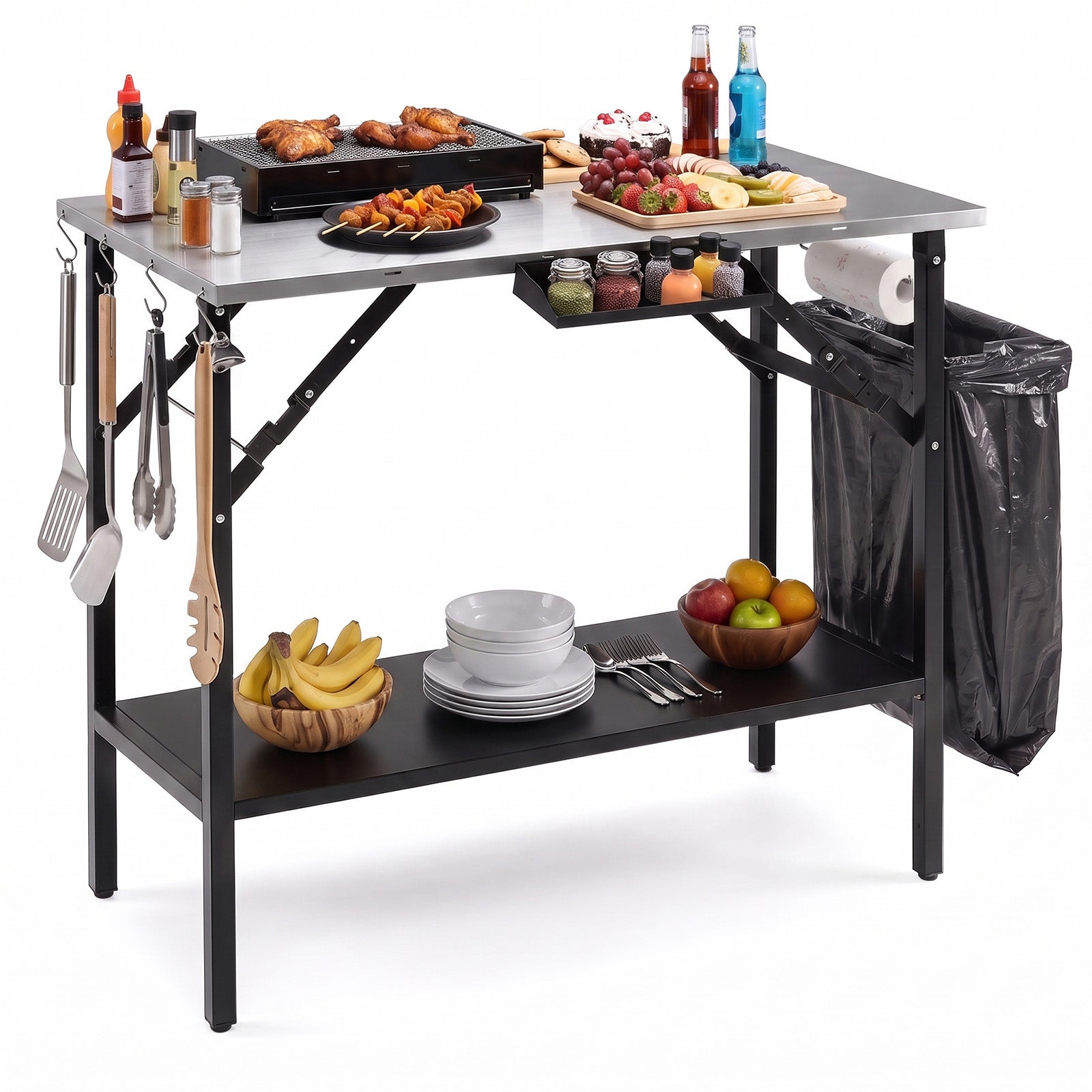Masă de gătit cu tăvi din oțel inoxidabil 91 x 51 cm, suport pentru condimente, suport pentru coș de, suport pentru prosoape, capacitate 90 kg