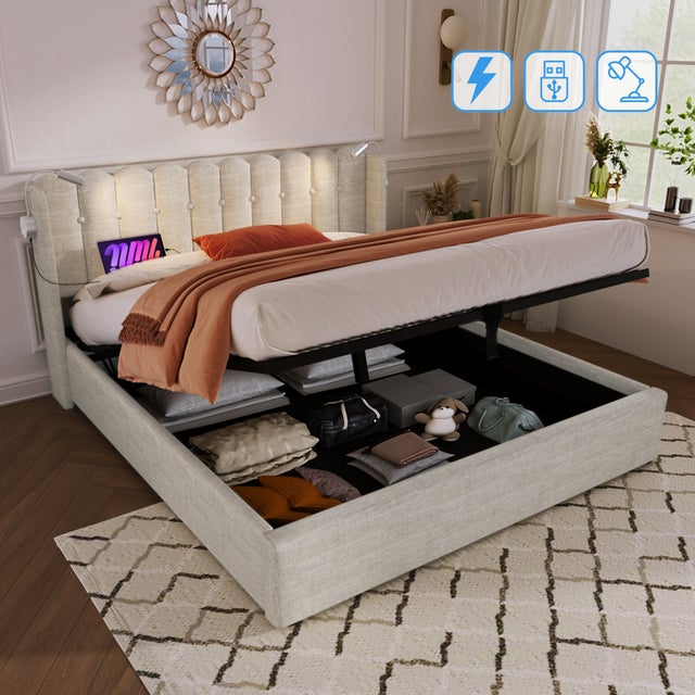 Letto contenitore con testiera - 160 x 200 cm - lampada da lettura e presa USB - tessuto lino - colore naturale