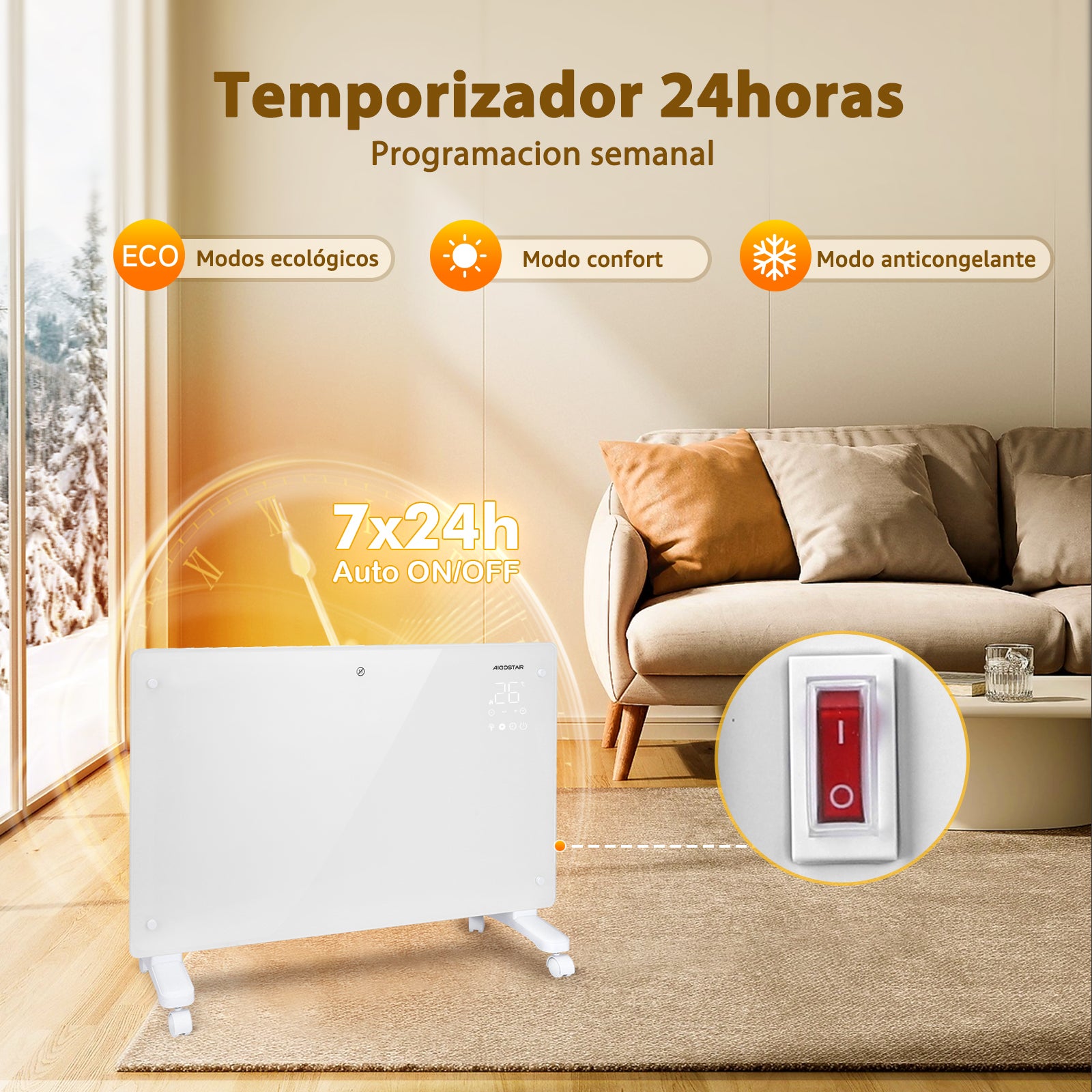 Radiador Electrico Bajo Consumo 3 Modos, Conexión Wi-fi, Programable Aigostar - 4