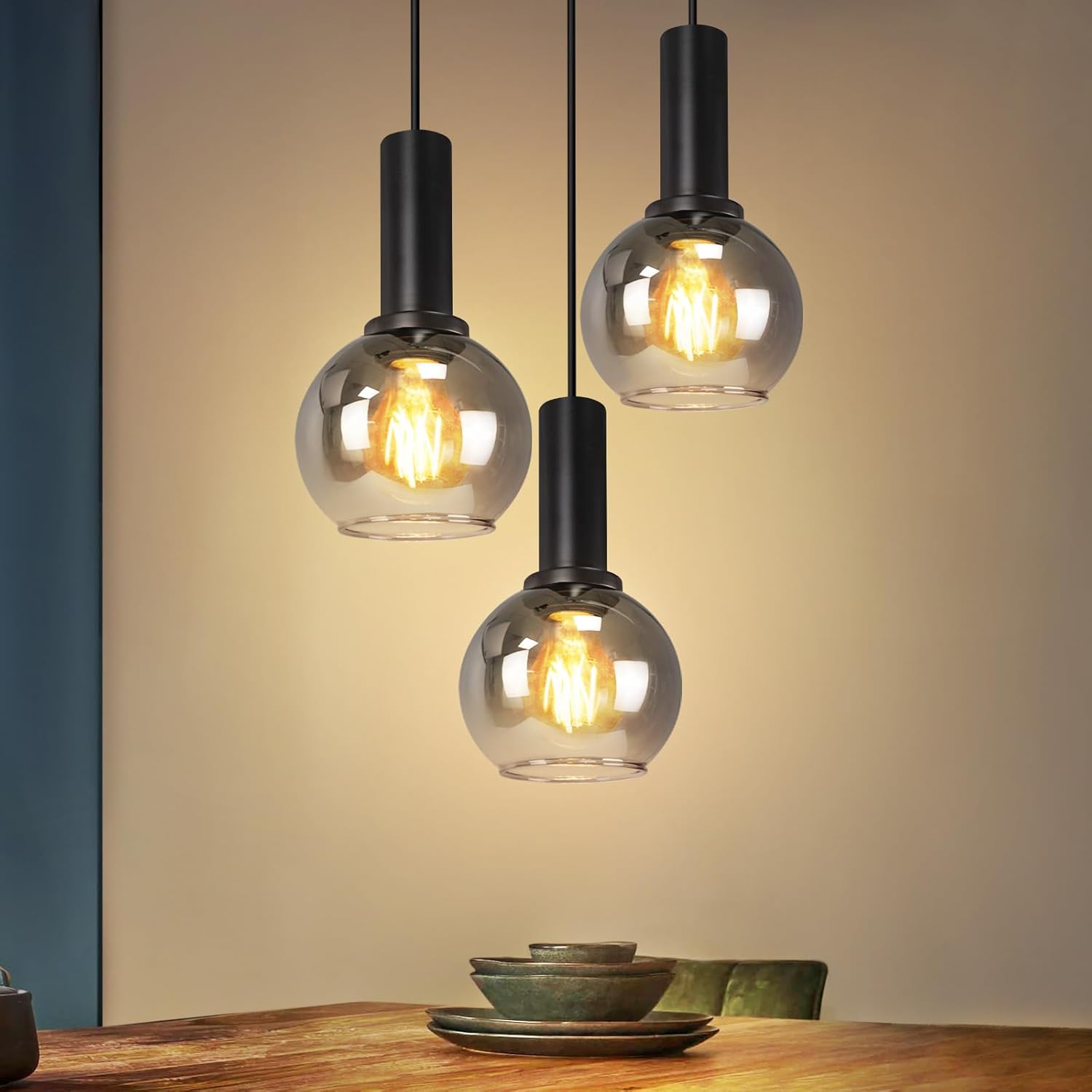 ZMH Lampa wisząca do jadalni z 3 żarówkami (E27) Lampa wisząca ze szkła w stylu retro do sypialni lub baru