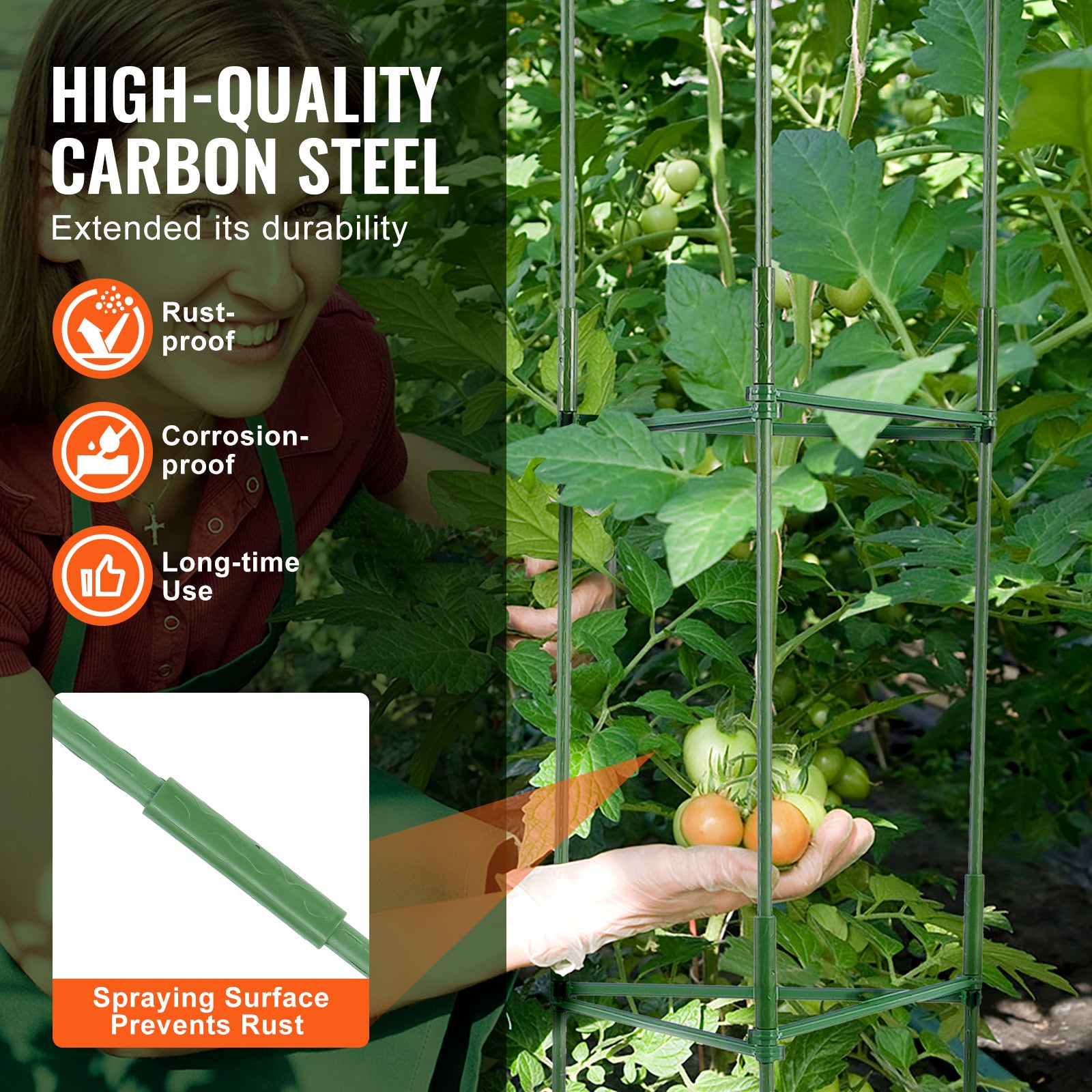 Lot de 6 cages à tomates SucceBuy 48 po, treillis empilable vert, piquets métalliques solides pour légumes, fleurs et plantes grimpantes - 5