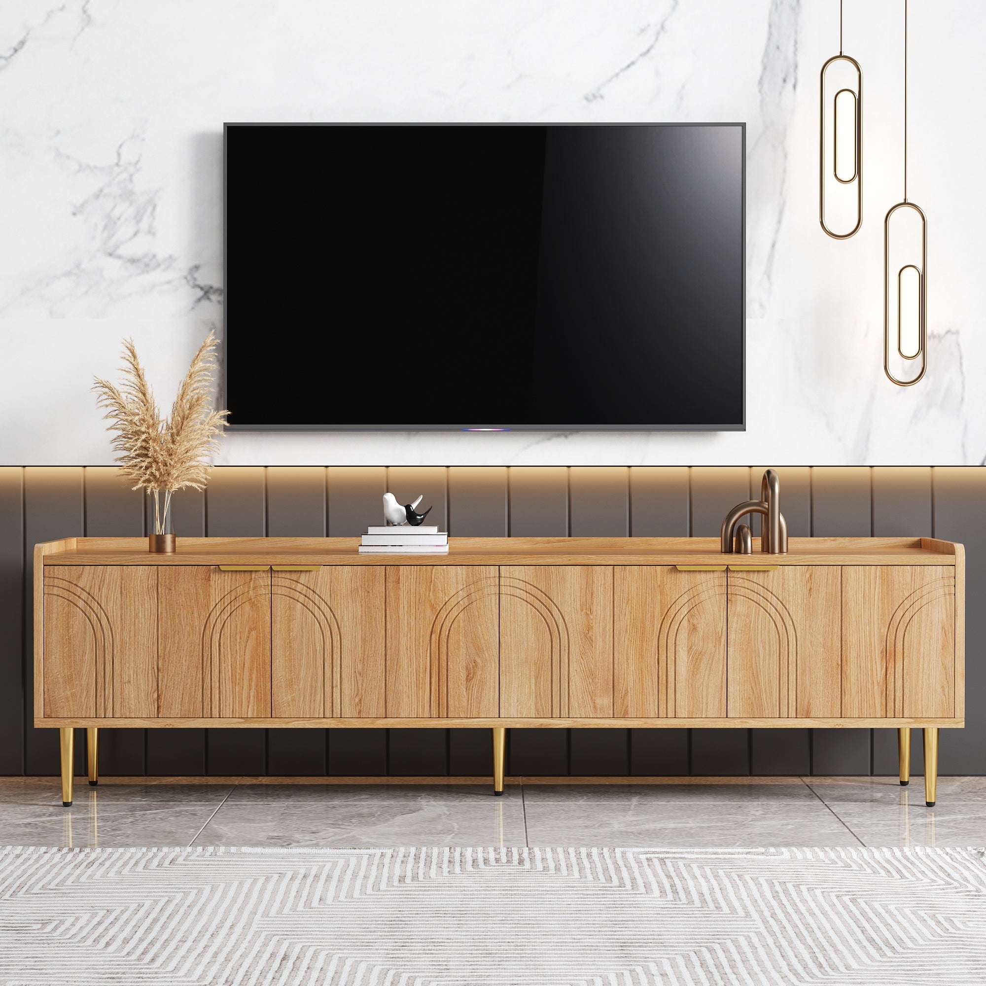 Meble pod TV 170x35x47,5 cm - 4 fronty - z półkami - Nogi metalowe - MDF - Kolor naturalny
