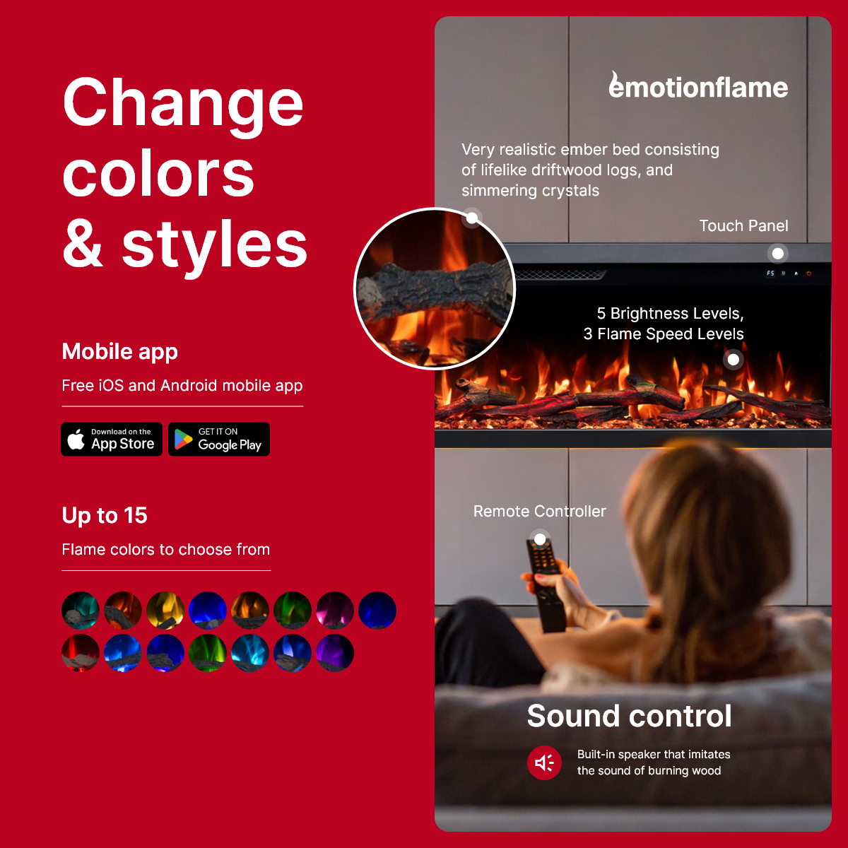 Cheminée électrique à 3 côtés Emotion Flame Unity 183 - feu premium, murale ou encastrable - 183x19x36 cm - cheminée LED - chauffage 900/1800 W - 3