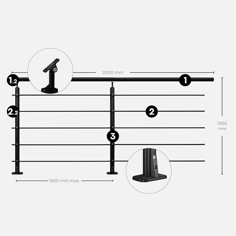 Kit garde-corps aluminium noir 2m pose à plat, Opalu KORDO - 3