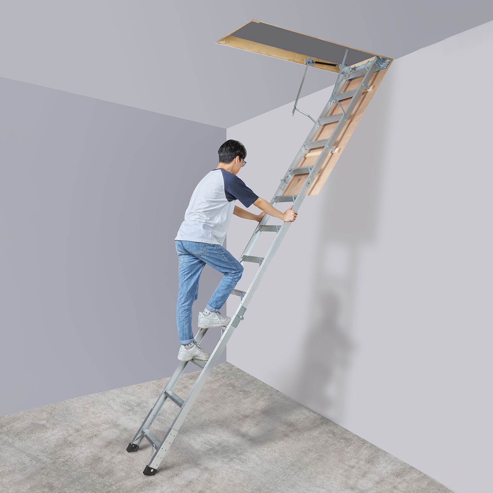 Échelle Télescopique Pliable de Grenier VEVOR en Aluminium Capacité Charge 158,8 kg 570x1600 mm Extension Polyvalente Portable Hauteur d'Installation - 8
