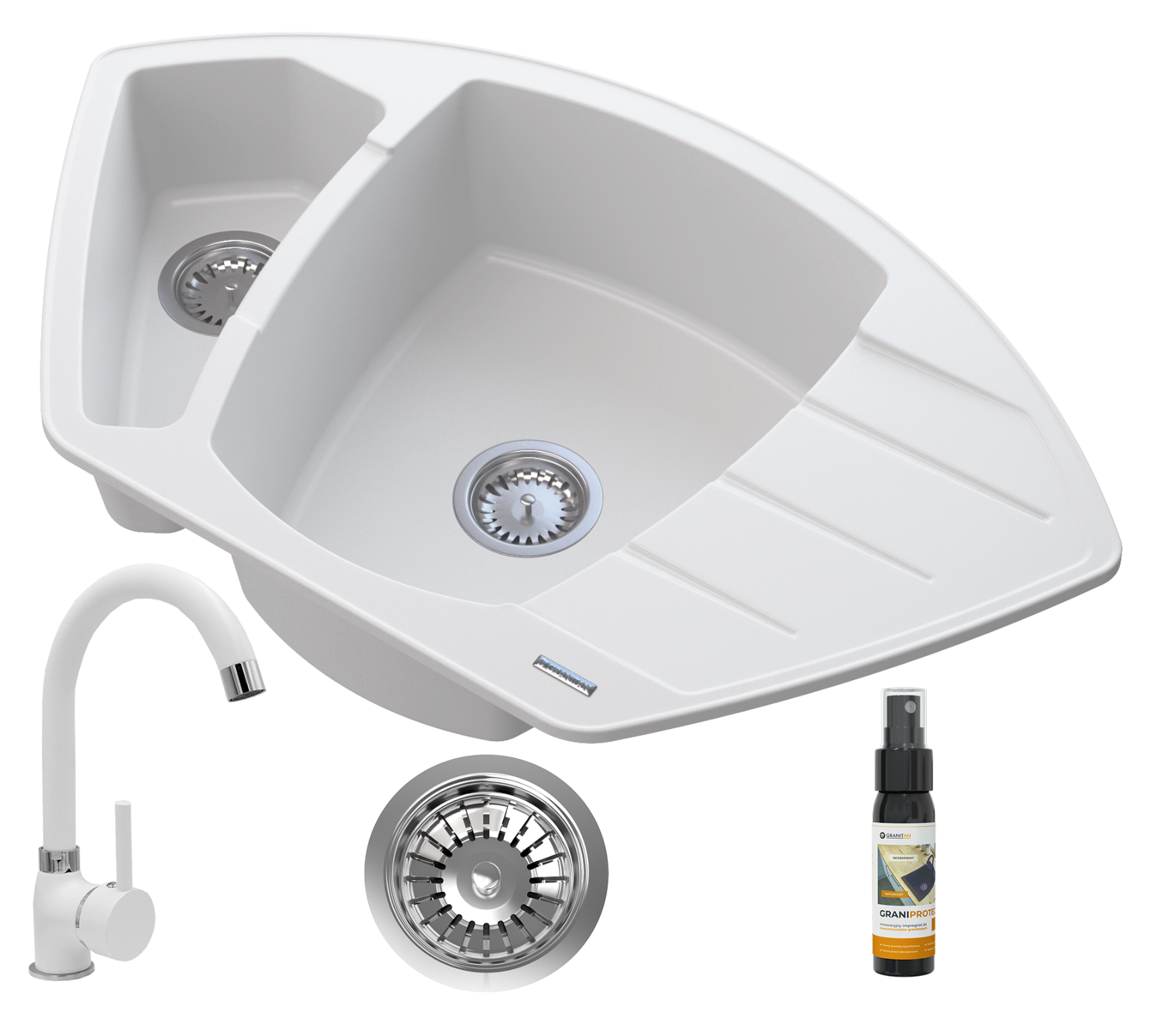 Zlewozmywak Granitowy Granitan Compact Narożny z Syfonem i Baterią Beta Biały 1kpl.