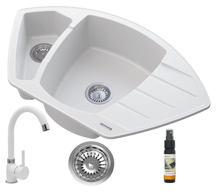 Zlewozmywak Granitowy Granitan Compact Narożny z Syfonem i Baterią Beta Biały 1kpl.