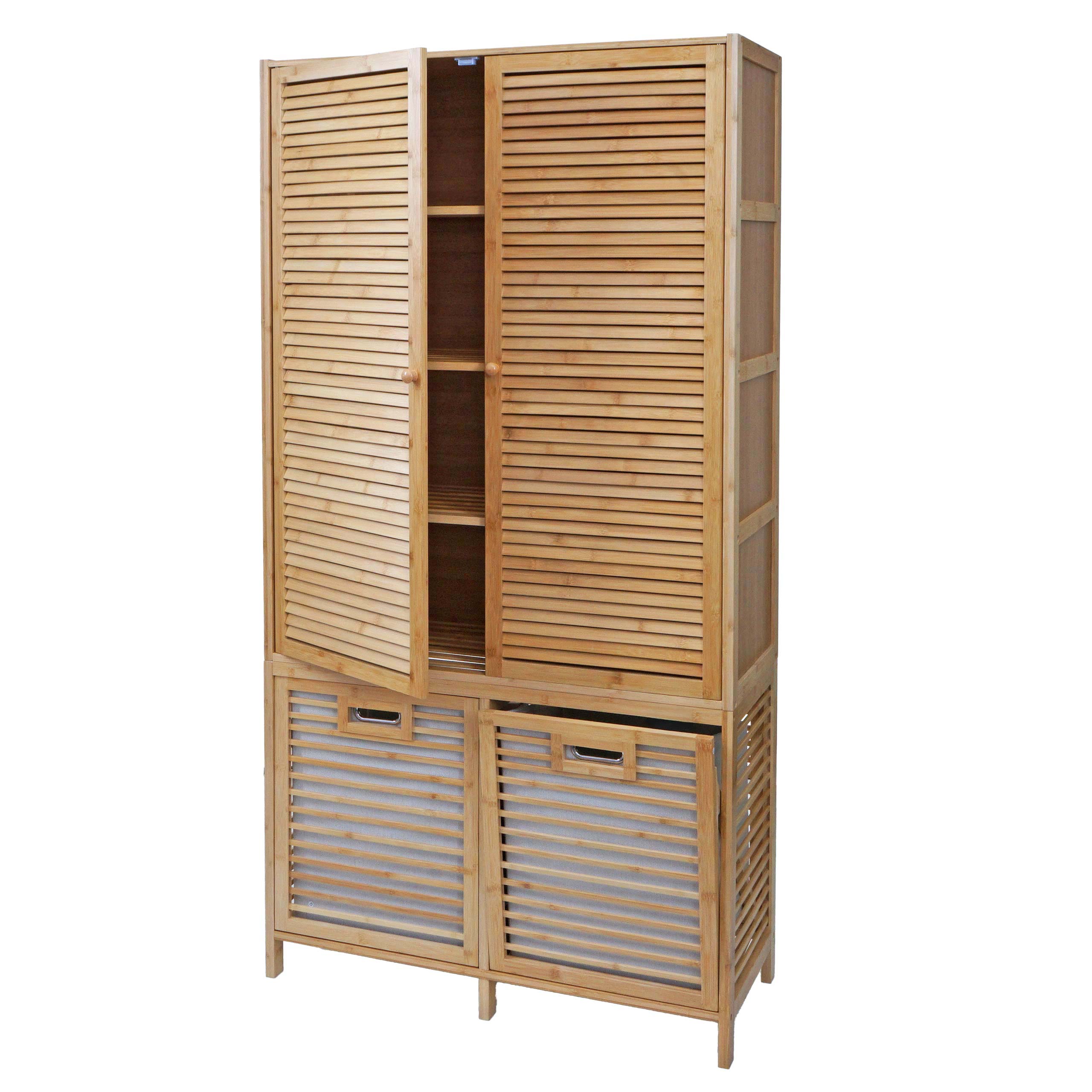 Szafka łazienkowa z bambusa HWC-N83, półka łazienkowa, szafka łazienkowa, 2 kosze na bieliznę, 2 drzwi, wymiary 168 x 82 x 34 cm