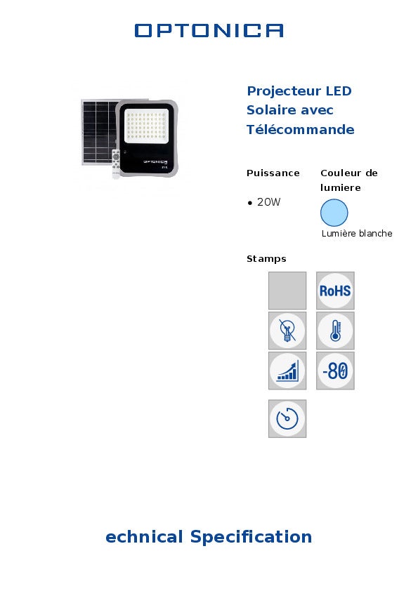 Proiettore a LED solare 20W - 1800LM - 6000K - IP65 - Telecomando - 6