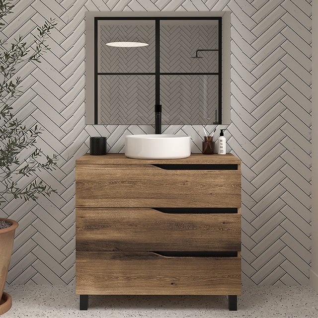 Meuble de salle de bain 80 avec plateau et vasque à poser - sans miroir - 3 tiroirs - tabaco (bois foncé) - MATA