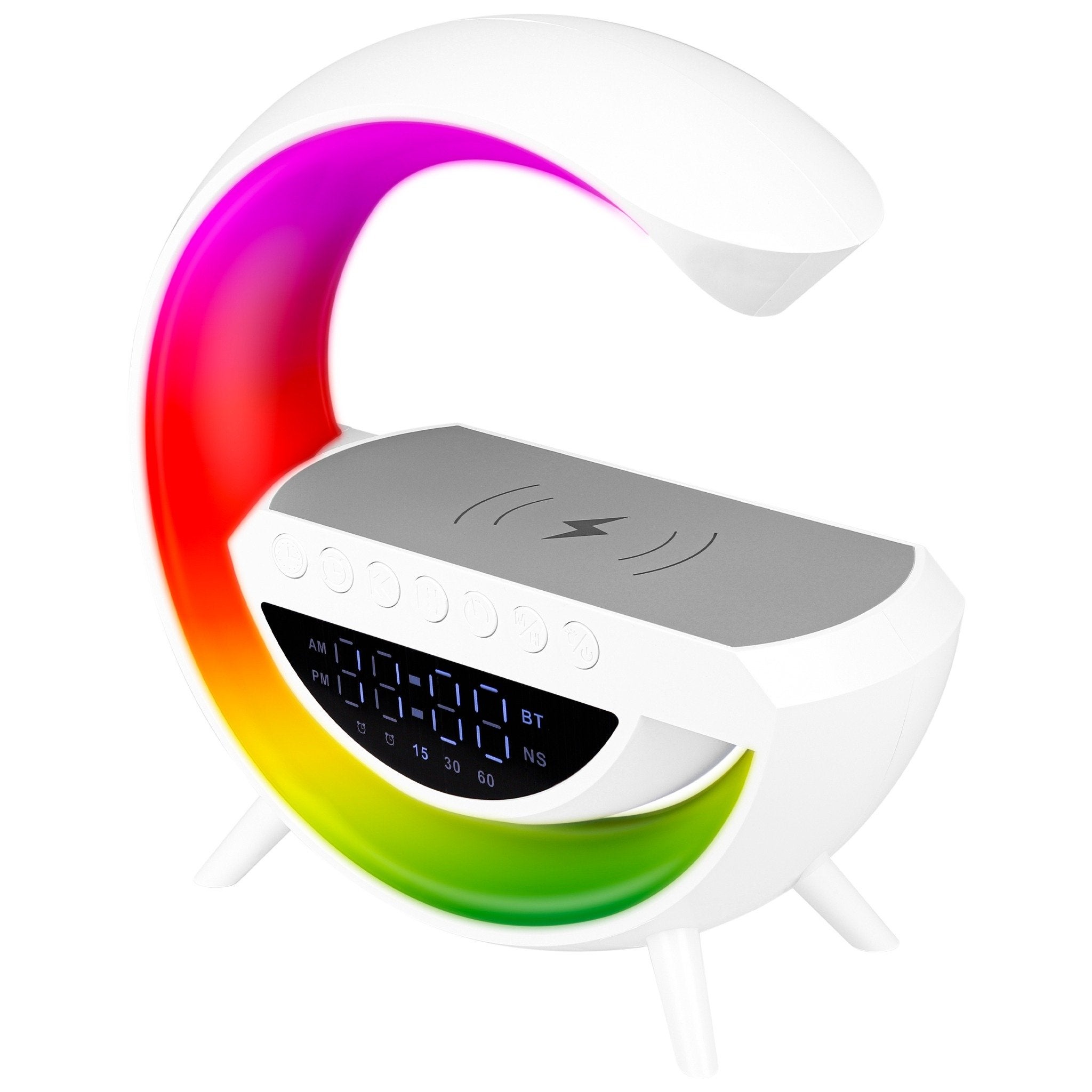 Lampka biurkowa LED RGB 23,5 cm głośnik Bluetooth ładowarka Qi budzik zegar stylowa biała MasterLED