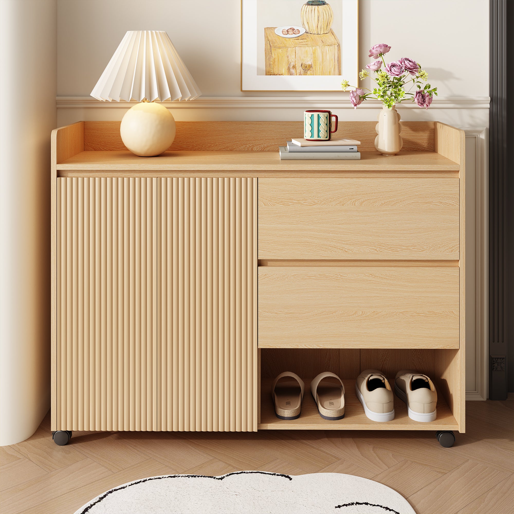 Mobilna szafka na buty z 2 drzwiami i 2 szufladami - 110 x 35 x 86 cm - Regulowane półki - MDF - Naturalna