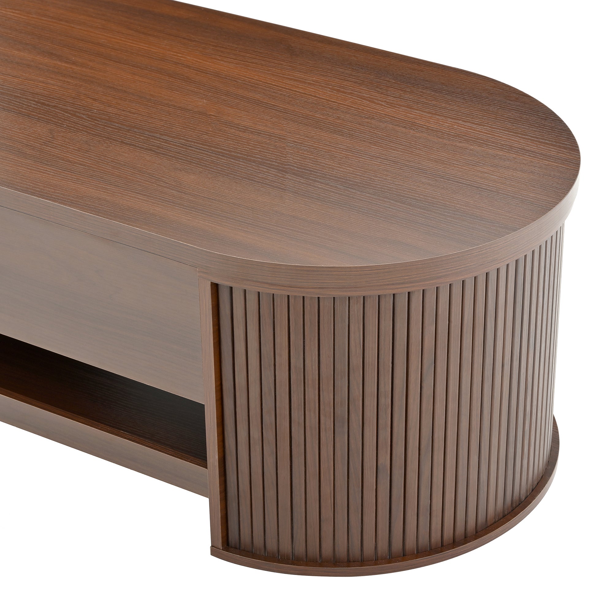 Table basse relevable multifonction 110x55x40 cm, Plateau réglable et étagère coulissante, Bords bois incurvés, Style vintage et gain de place, Noyer - 6