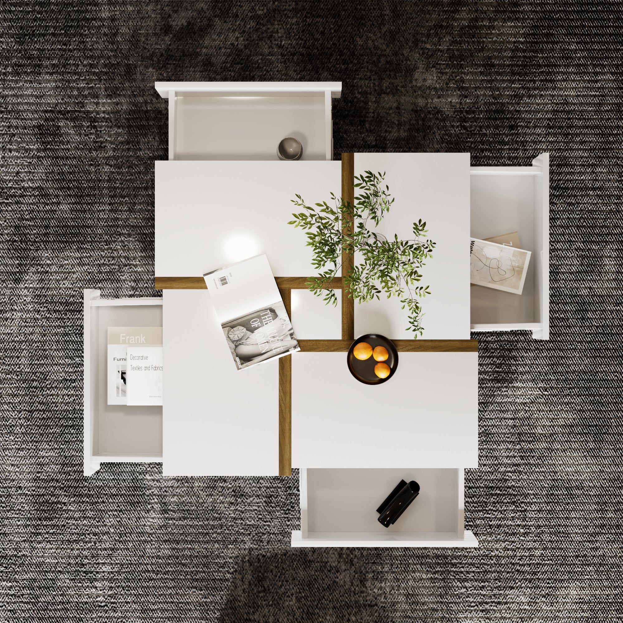 Table Basse Laquée avec Espace de Rangement Inférieur, Design Moderne à Lignes Bois, en Panneau de Particules Blanc et Couleur Bois 78×78×34,8 cm - 5