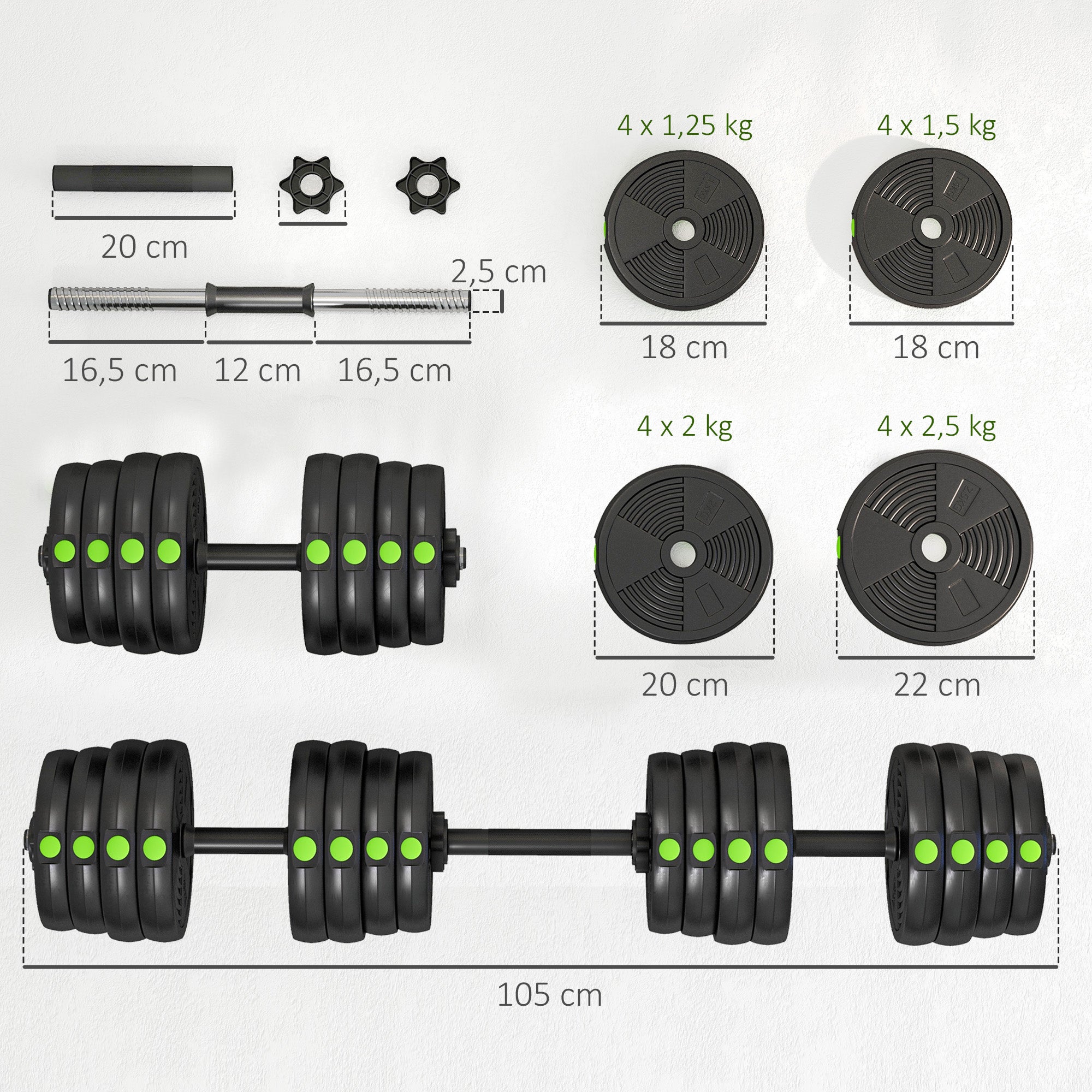 Kit Halteres 30kg 2 em 1 Ajustável Pega Antiderrapante Ginásio Casa Preto Verde - 2