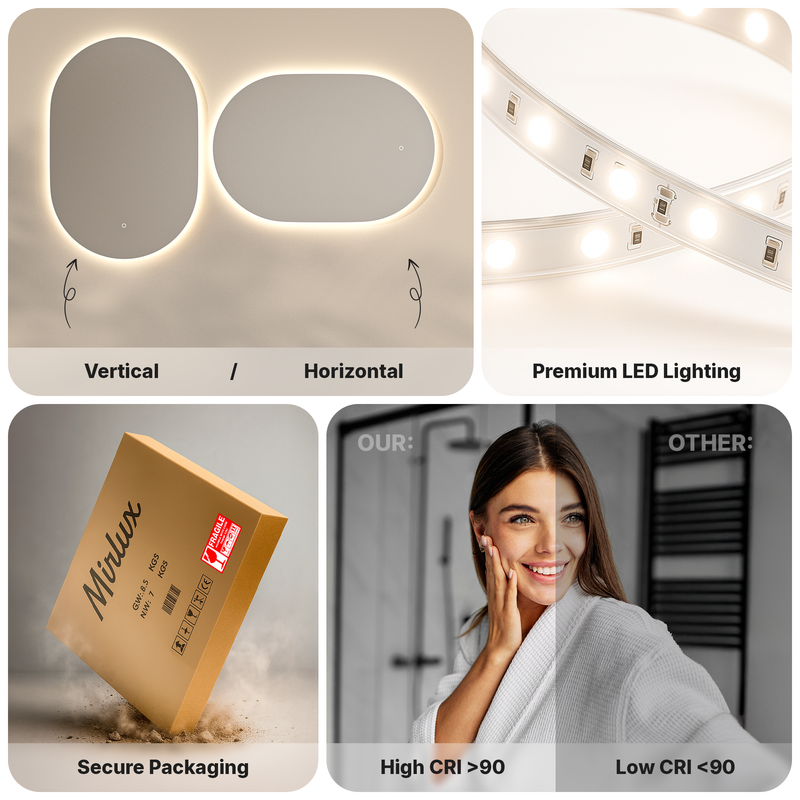 Miroir de salle de bain Mirlux avec éclairage LED et chauffage - Miroir mural ovale - Miroir de douche anti-condensation - 90 x 60 cm - 6
