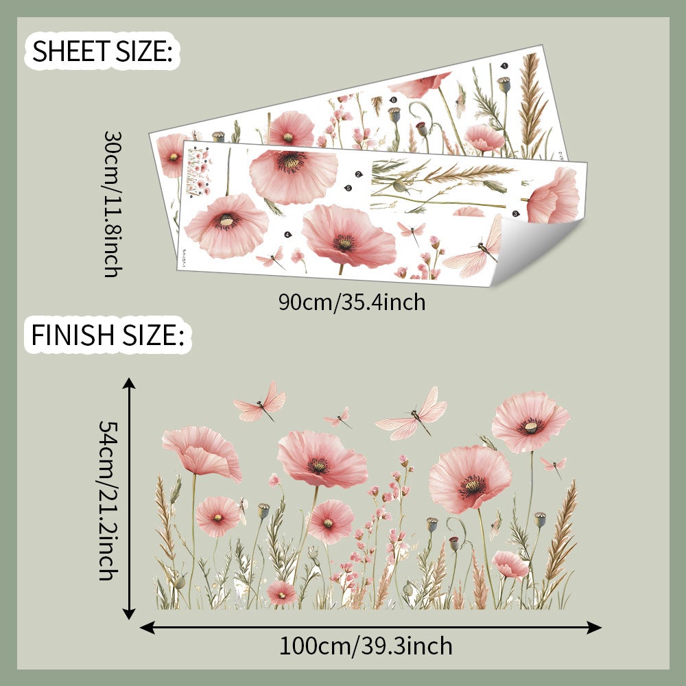 Stickers Muraux Coquelicot Aquarelle, Autocollants Muraux Libellules Fleurs Roses, Décoration Murale pour Chambre Salon Salle de Bain - 4