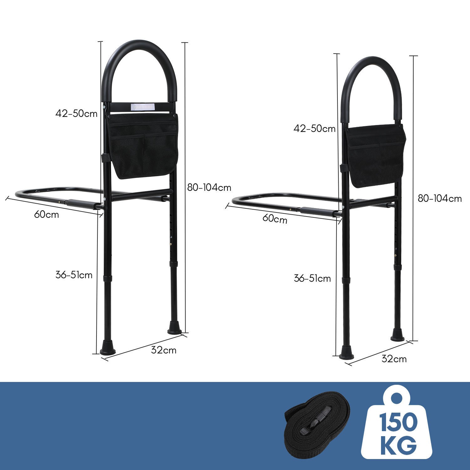 Barreira de cama para adultos com bolsa de arrumação - Barra de apoio ajustável e cinta de segurança - Ideal para idosos - 2