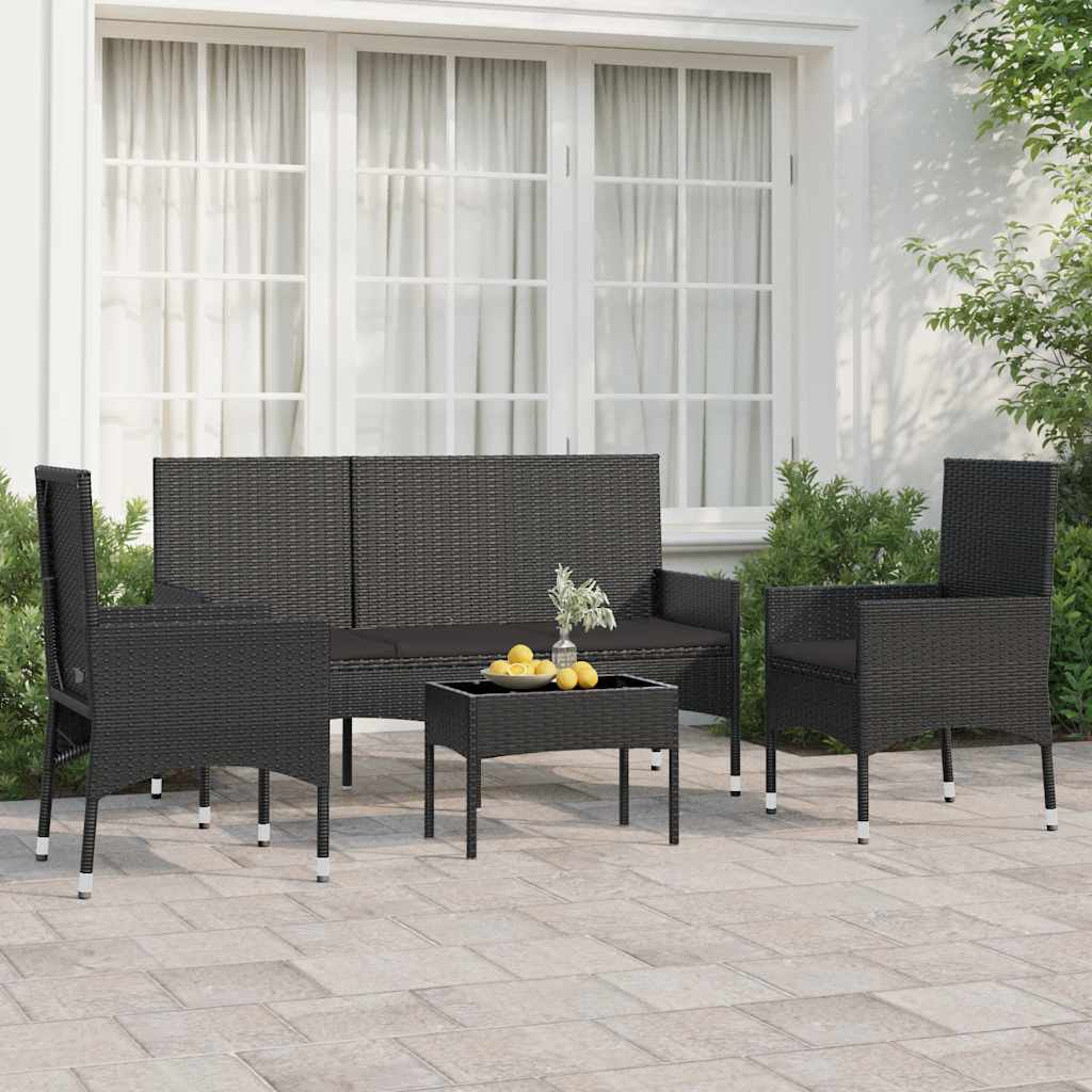 Set Divano Da Giardino 4 Pezzi In Polyrattan Nero - Con Cuscini, Tavolino E Pouf - Foto 13