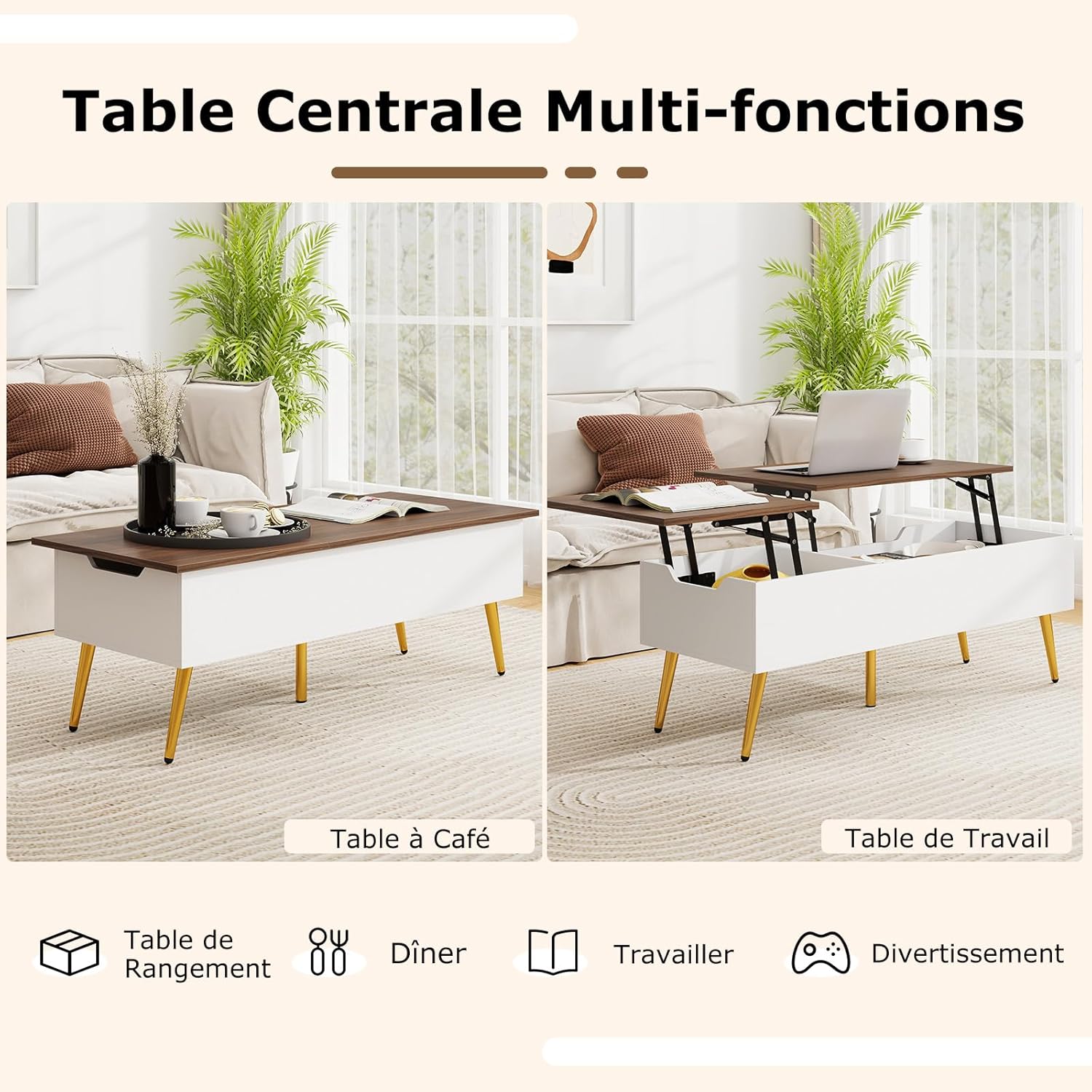 Tavolino ribaltabile con contenitore, tavolino da salotto con ripiano ribaltabile, per ufficio, 111 x 48 x 40-53,5 cm (bianco+noce) - 8