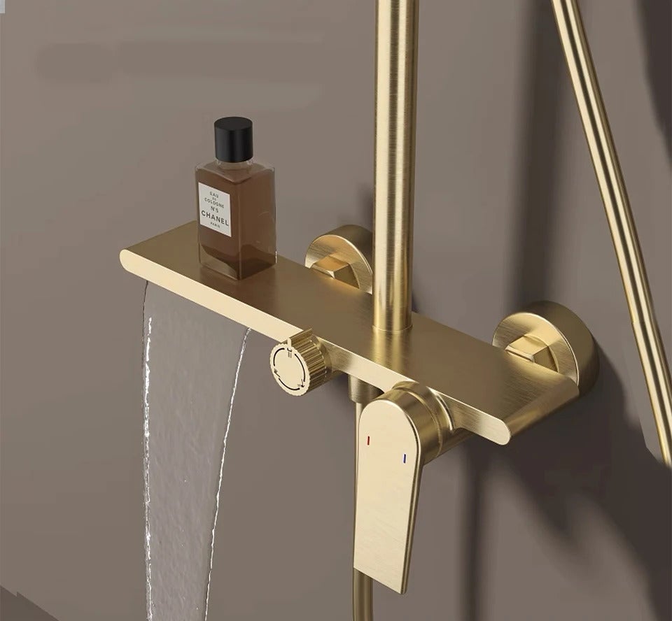 Ensemble de robinetterie de douche pour salle de bain, pomme de douche effet pluie, mitigeur de douche avec douchette, doré - 8