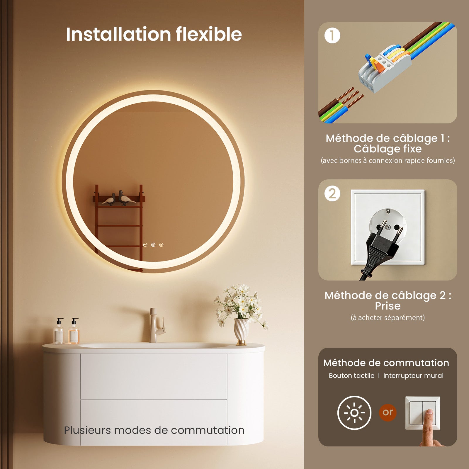 Espejo redondo para baño, espejo decorativo para dormitorio, espejo redondo antivaho con iluminación, espejo impermeable, Φ:80cm - 7