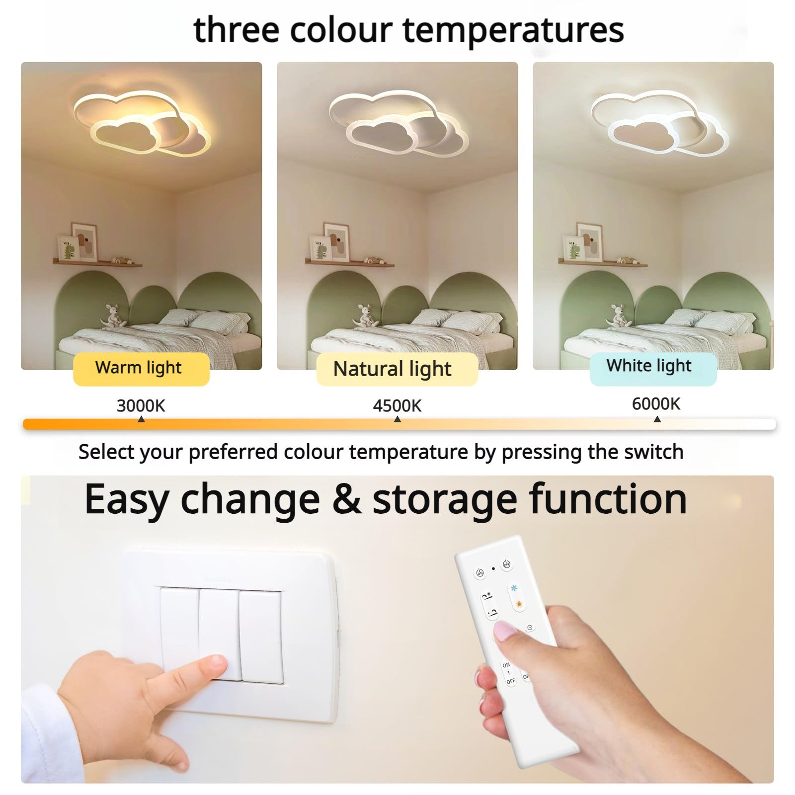 Lámpara de techo con forma de nube LED de 52 cm - Lámpara de techo para habitación de niños de 42 W con control remoto regulable 3000-6000 K - 4