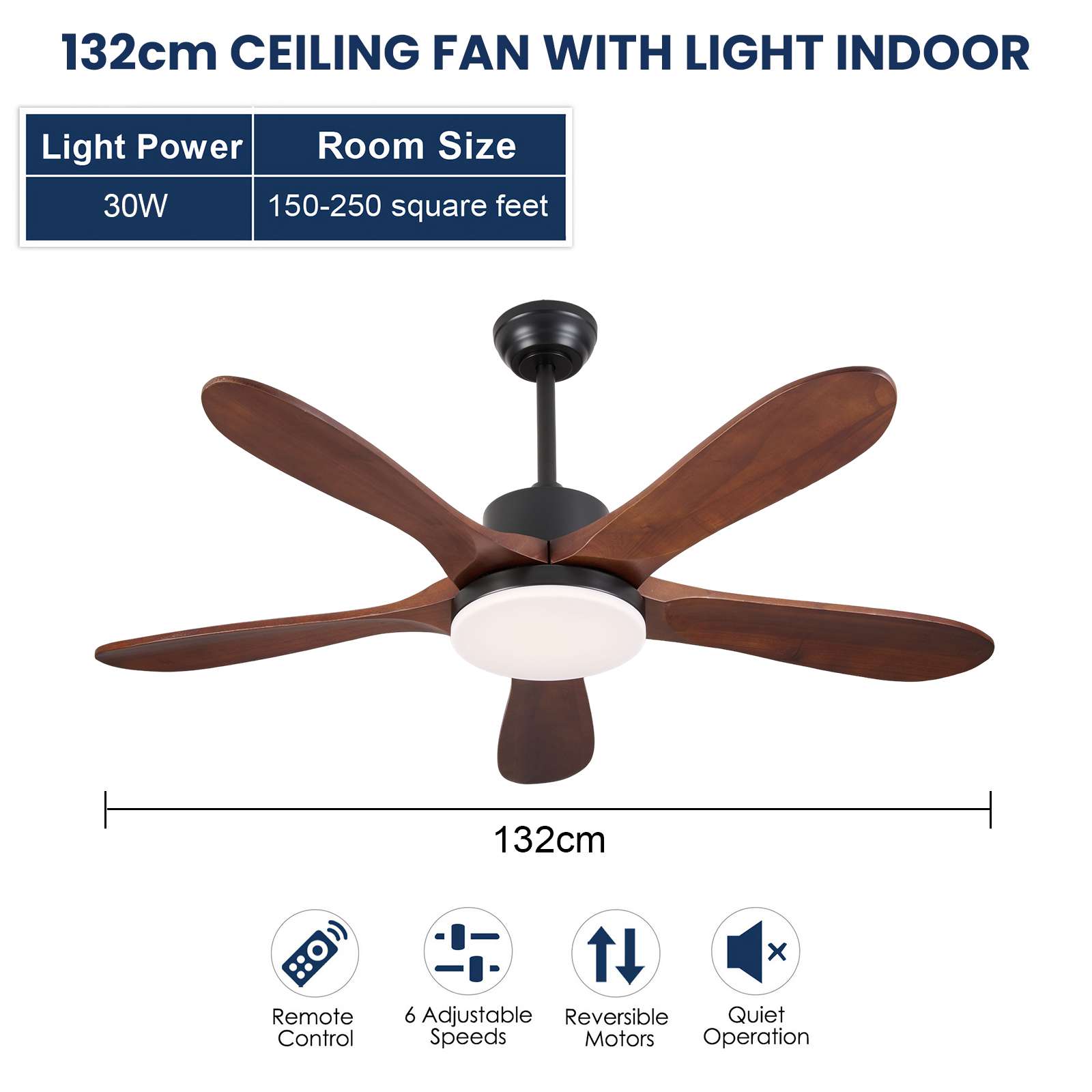 Ventilateur de plafond LED bois rétro 132 cm silencieux intelligent 6 vitesses réversible télécommande - 2