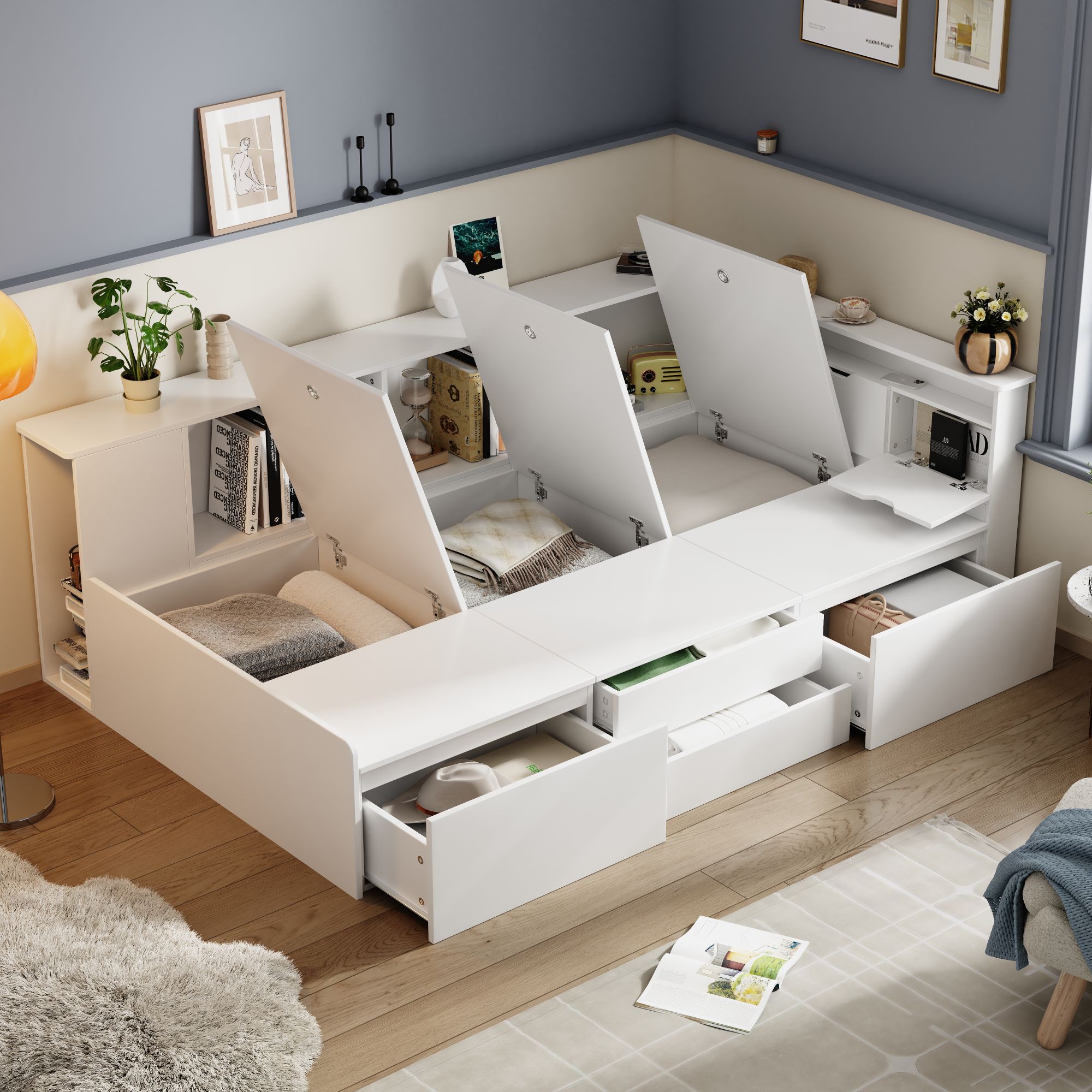 Łóżko dziecięce 90 x 200 cm z 4 szufladami, regałem i schowkiem - płyta MDF - kolor biały
