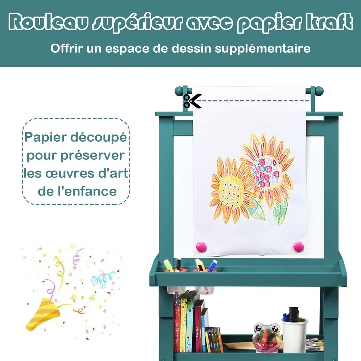 Chevalet pour Enfants 3 en 1 Tableau de Dessin Magnétique Double Faces (Tableau Blanc + Tableau Noir) avec Rouleau de Papier, 2 Etagères, Bleu - 6