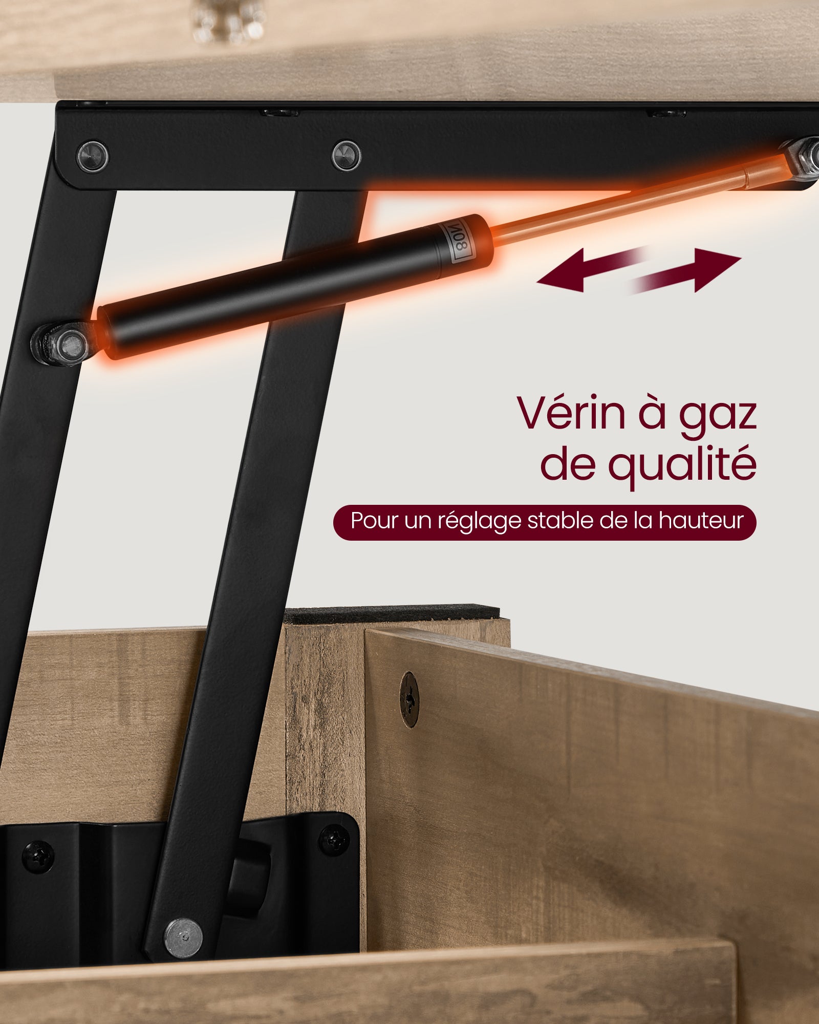 Table de Salon Relevable, Vérin à Gaz, 2 Tiroirs et 3 Compartiments sous Le Plateau, 1 Compartiment Ouvert, pour Salon, Bureau, Marron Camel - 3