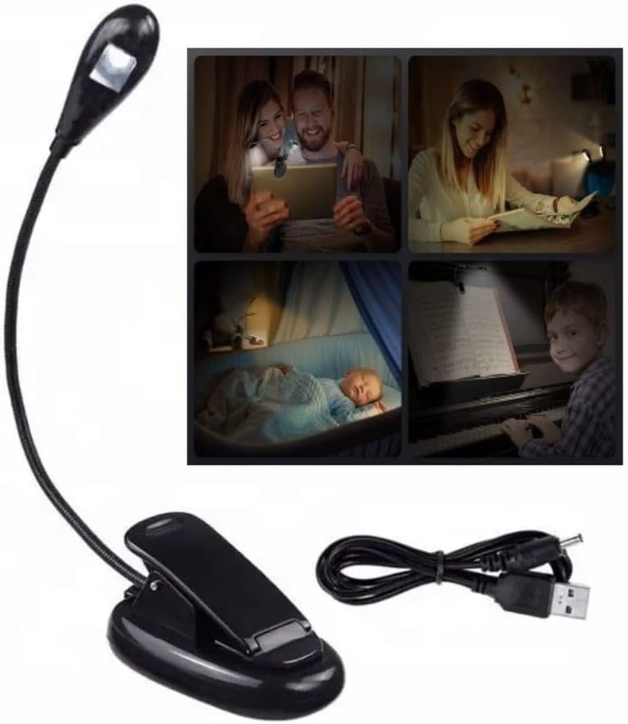 Lampka do czytania LED, lampa do czytania z elastycznym klipsem 360° i ściemnialną szyjką typu gooseneck