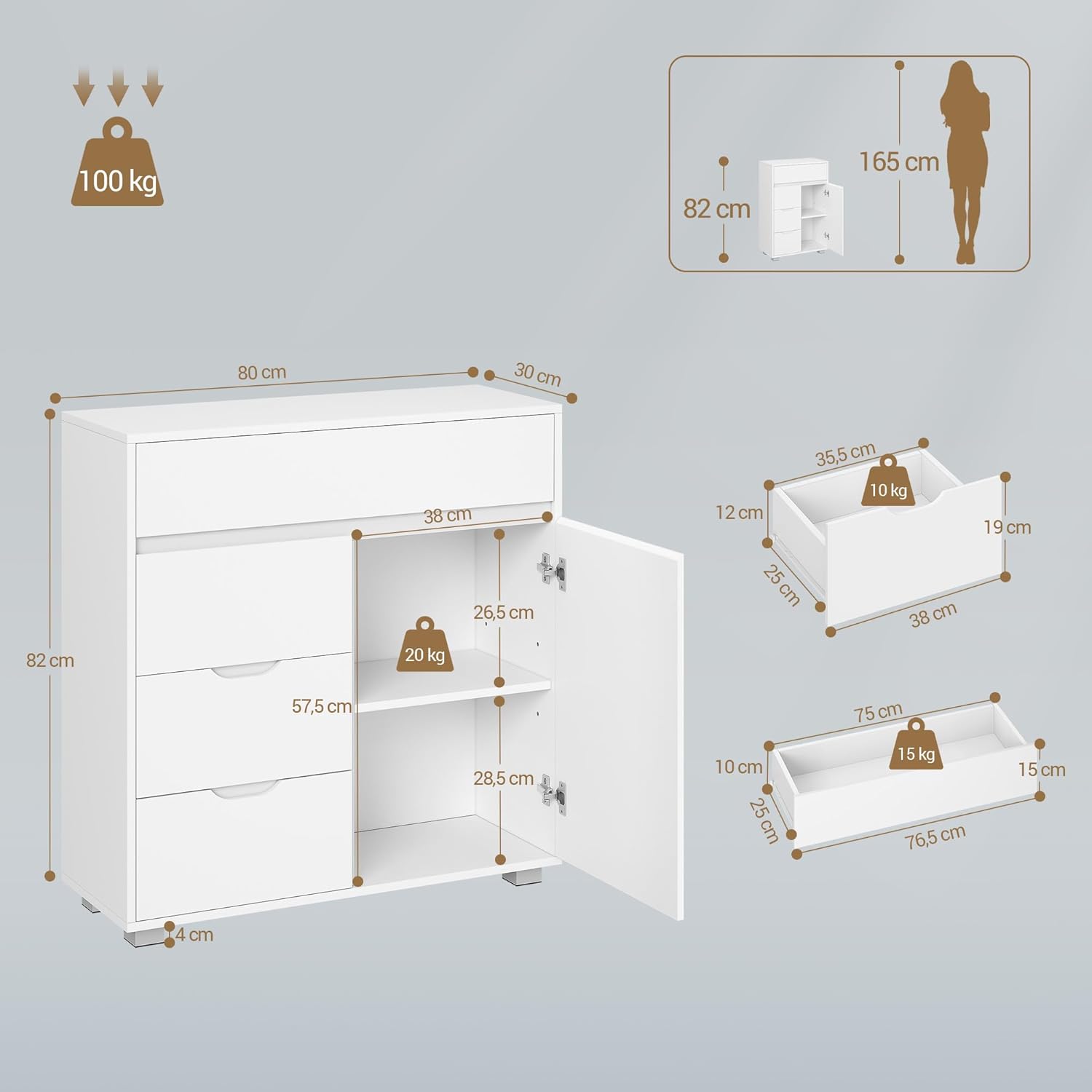 Meuble Salle de Bain, Armoire de Rangement avec Étagère Réglable, Commode avec 4 Tiroirs et 1 Porte, Moderne, pour Salon, Salle de Bain, Blanc - 9