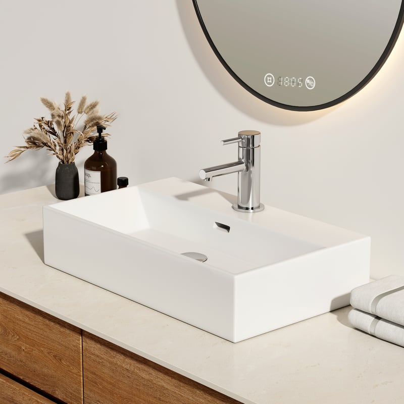 EMKE Umywalka ceramiczna 60x36x13 cm, Prostokątna Umywalka nablatowa z nawierconym otworem na baterię, brylantowa biel