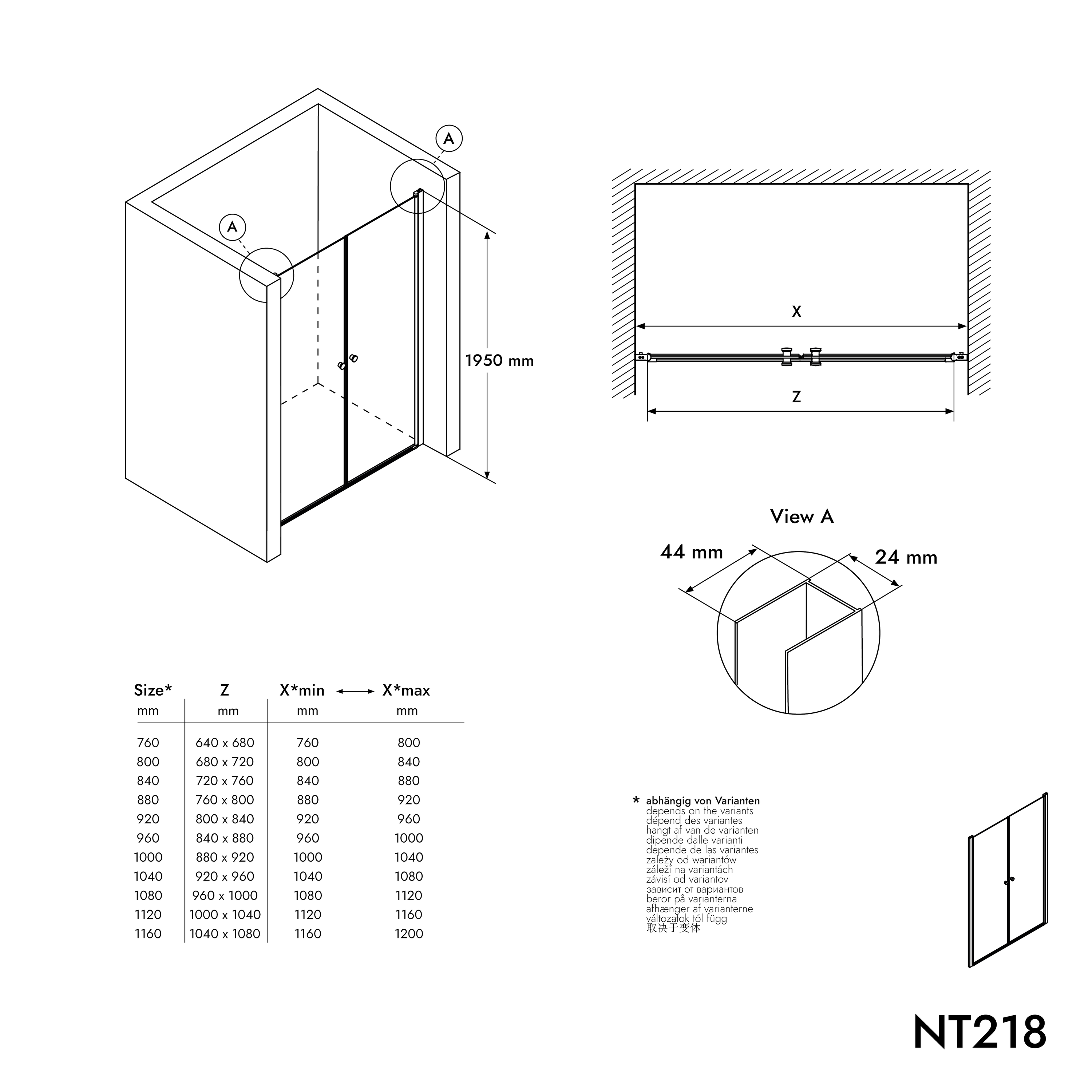 Bernstein Drzwi prysznicowe podwójne skrzydłowe NT218 czarny mat Szkło ESG 6mm - 88 cm - 6