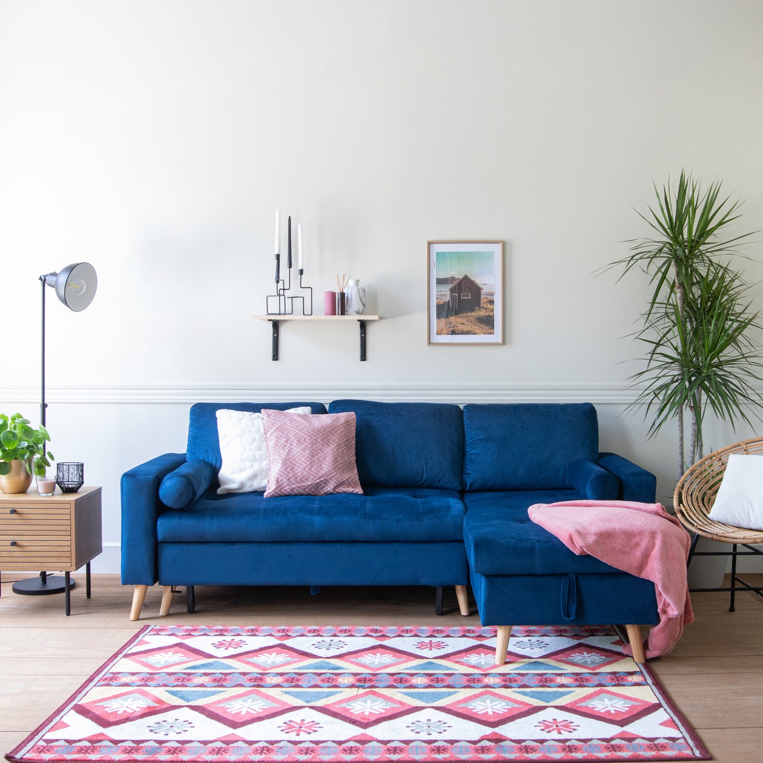3-osobowa sofa narożna JAMES z niebieskim aksamitem