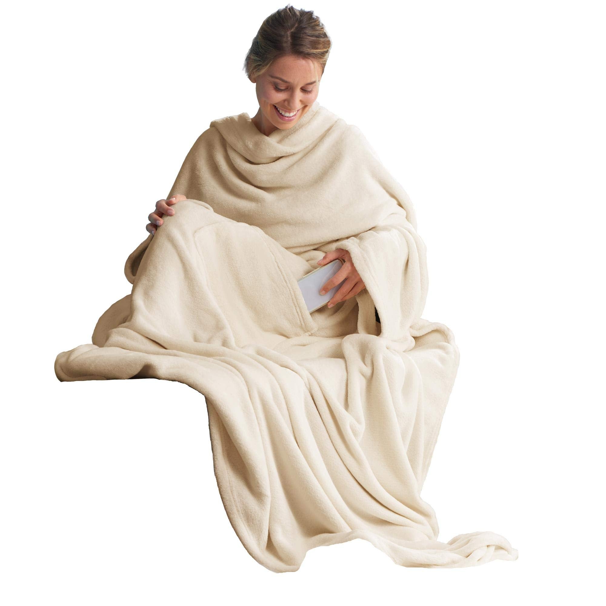 Celinatex tv decke coperta soffice con maniche tasche tasche per i piedi microfibra pile coral coperta 150 x 180 cm bianco crema