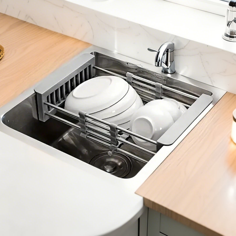 Égouttoir extensible pour évier de cuisine, panier à vaisselle en acier inoxydable, organisateur d'évier gain de place - 8